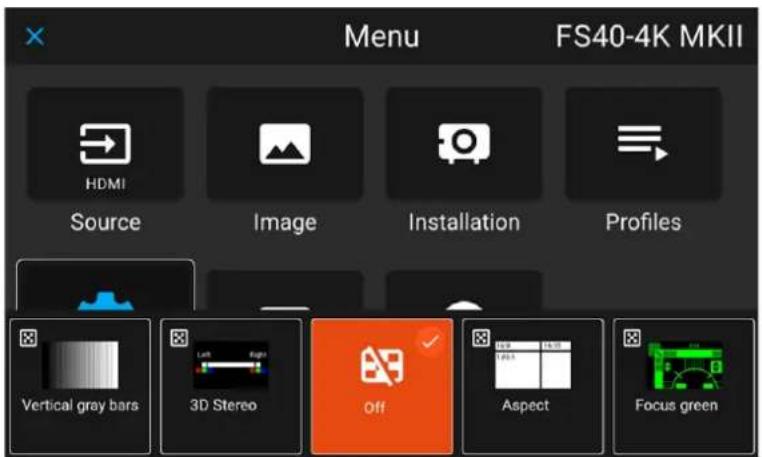 Menu FS40-4K MKII HDMI Source Image Installation Profiles Vertical gray bars 3D Stereo Off Aspect Focus green