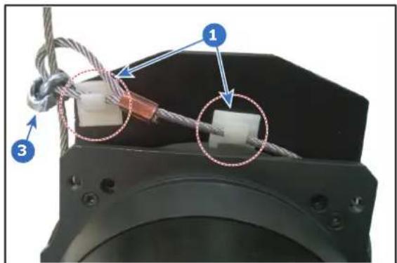 Technical diagram showing a mechanical assembly with labeled components and a rope knot, highlighting parts 1 and 3.