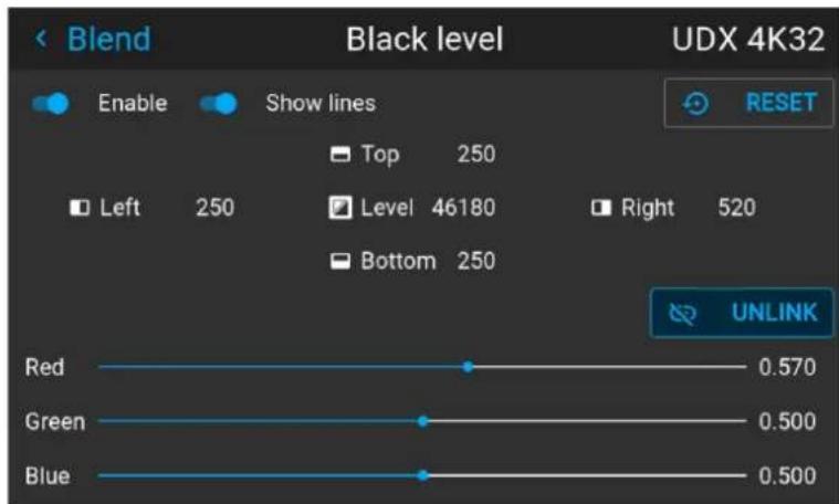 Blend Black level UDX 4K32 Enable Show lines Top 250 Left 250 Level 46180 Right 520 Bottom 250 Red 0.570 Green 0.500 Blue 0.500 UNLINK