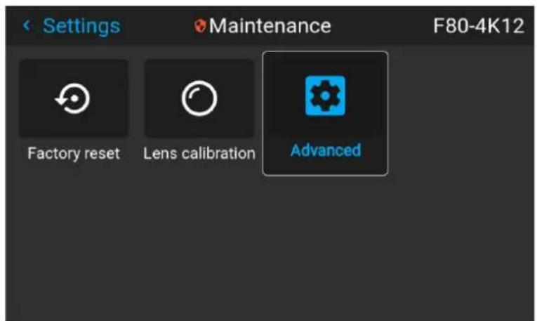 Settings Maintenance F80-4K12 Factory reset Lens calibration Advanced