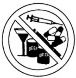 Prohibition sign with chemical symbols including syringe, glass, and bottle, indicating no chemical use or consumption.