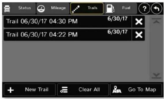Status Mileage Trails Fuel Trail 06/30/17 04:30 PM 6/30/17 Trail 06/30/17 04:22 PM 6/30/17 + New Trail Clear All Go To Map