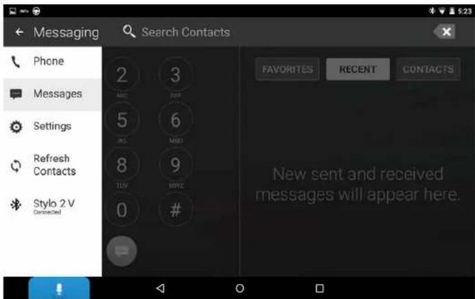 Messaging Search Contacts Phone Messages Settings Refresh Contacts Stylo 2 V Connected 2 3 MHC DIFF 5 6 JPG MHD 8 9 TUV WAYC 0 # FAVORITES RECENT CONTACTS New sent and received messages will appear here.
