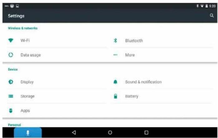 Settings Wireless & networks Wi-Fi Bluetooth Data usage More Device Display Sound & notification Storage Battery Apps Personal