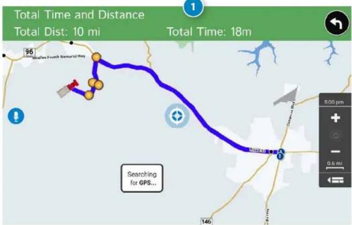 Total Time and Distance Total Dist: 10 mi Total Time: 18m 96 Mcalen French Nemoural Hwy 500 pm + - 0.5 mi Searching for GPS...