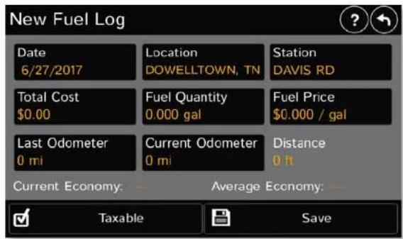 New Fuel Log Date 6/27/2017 Location DOWELLTOWN, TN Station DAVIS RD Total Cost $0.00 Fuel Quantity 0.000 gal Fuel Price $0.000 / gal Last Odometer 0 mi Current Odometer 0 mi Distance 0 ft Current Economy: ———————— Average Economy: ———— Taxable Save