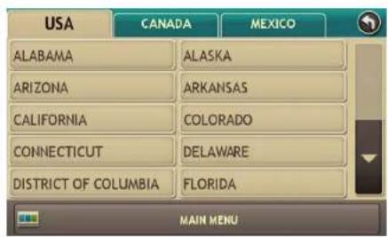 USA CANADA MEXICO ALABAMA ALASKA ARIZONA ARKANSAS CALIFORNIA COLORADO CONNECTICUT DELAWARE DISTRICT OF COLUMBIA FLORIDA MAIN MENU