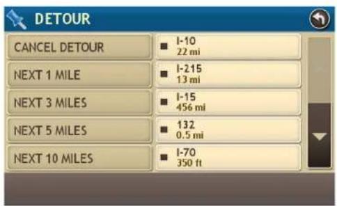 DETOUR CANCEL DETOUR ■ I-10 22 mi NEXT 1 MILE ■ I-215 13 mi NEXT 3 MILES ■ I-15 456 mi NEXT 5 MILES ■ 132 0.5 mi NEXT 10 MILES ■ I-70 350 ft