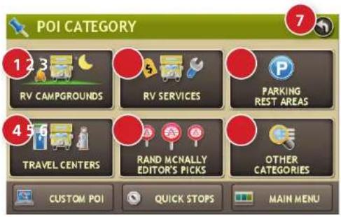 POI CATEGORY 1 2 3 RV CAMPGROUNDS RV SERVICES PARKING REST AREAS 4 5 6 TRAVEL CENTERS RAND MCNALLY EDITOR'S PICKS OTHER CATEGORIES CUSTOM POI QUICK STOPS MAIN MENU