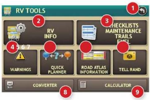RV TOOLS RV INFO WARNINGS QUICK PLANNER ROAD ATLAS INFORMATION TELL RAND 1 2 3 CHECKLISTS MAINTENANCE TRAILS EMAIL 4 5 6 7 8 CONVERTER CALCULATOR 9