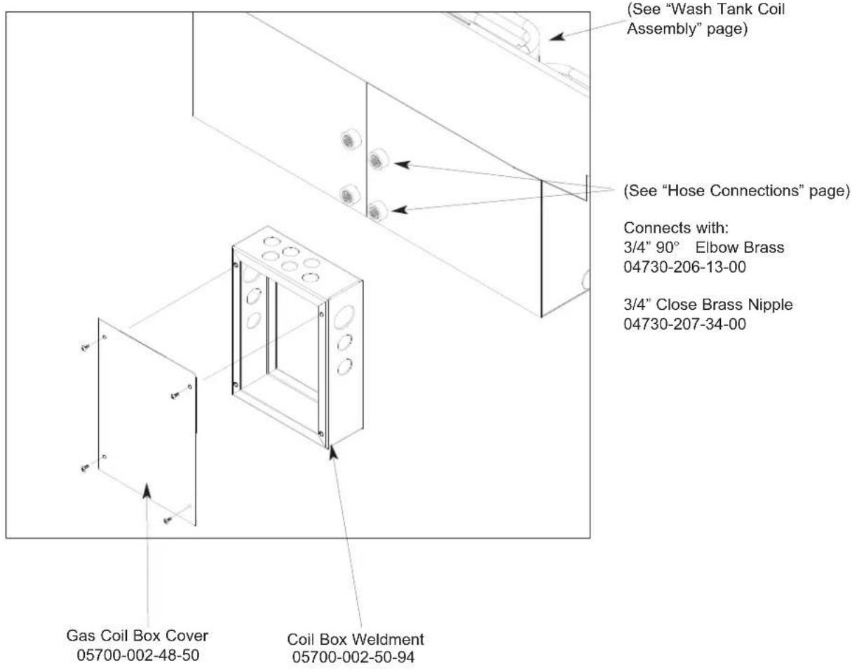 (See "Wash Tank Coil Assembly" page) (See "Hose Connections" page) Connects with: 3/4" 90° Elbow Brass 04730-206-13-00 3/4" Close Brass Nipple 04730-207-34-00 Gas Coil Box Cover 05700-002-48-50 Coil Box Weldment 05700-002-50-94