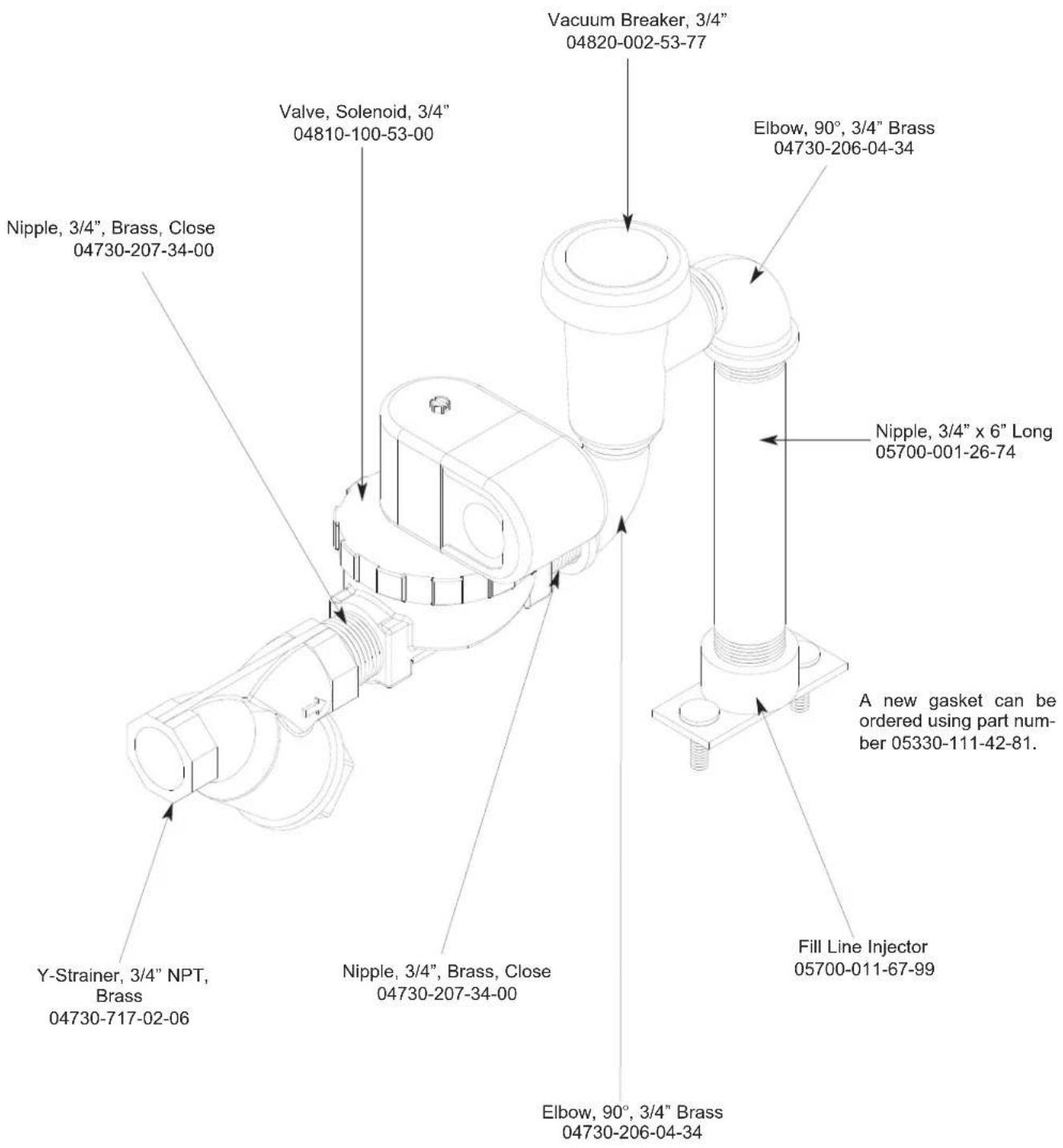 Vacuum Breaker, 3/4" 04820-002-53-77 Valve, Solenoid, 3/4" 04810-100-53-00 Elbow, 90°, 3/4" Brass 04730-206-04-34 Nipple, 3/4", Brass, Close 04730-207-34-00 Nipple, 3/4" x 6" Long 05700-001-26-74 Y-Strainer, 3/4" NPT, Brass 04730-717-02-06 Nipple, 3/4", Brass, Close 04730-207-34-00 Fill Line Injector 05700-011-67-99 Elbow, 90°, 3/4" Brass 04730-206-04-34 A new gasket can be ordered using part number 05330-111-42-81.