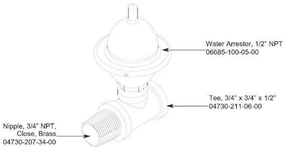 Water Arrestor, 1/2" NPT 06685-100-05-00 Tee, 3/4" x 3/4" x 1/2" 04730-211-06-00 Nipple, 3/4" NPT, Close, Brass 04730-207-34-00