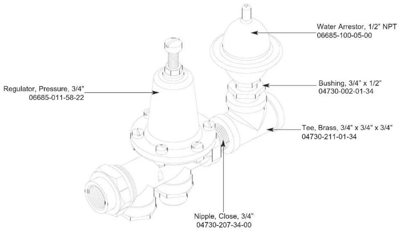 Regulator, Pressure, 3/4" 06685-011-58-22 Nipple, Close, 3/4" 04730-207-34-00 Water Arrestor, 1/2" NPT 06685-100-05-00 Bushing, 3/4" x 1/2" 04730-002-01-34 Tee, Brass, 3/4" x 3/4" x 3/4" 04730-211-01-34