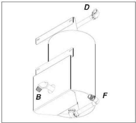 Technical diagram of a mechanical or electrical device with labeled components B, D, and F