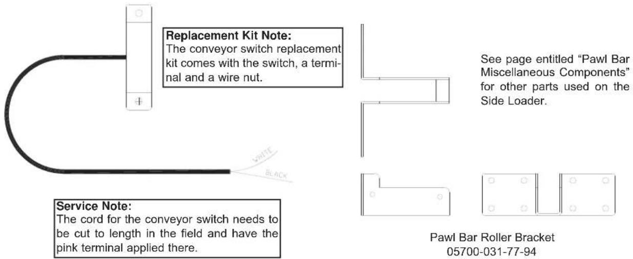 Replacement Kit Note: The conveyor switch replacement kit comes with the switch, a termi- nal and a wire nut. Service Note: The cord for the conveyor switch needs to be cut to length in the field and have the pink terminal applied there. See page entitled "Pawl Bar Miscellaneous Components" for other parts used on the Side Loader. Pawl Bar Roller Bracket 05700-031-77-94
