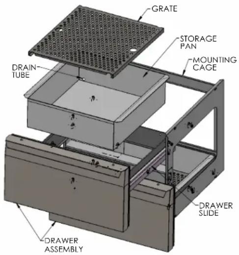 GRATE STORAGE PAN MOUNTING CAGE DRAIN TUBE DRAWER SLIDE DRAWER ASSEMBLY