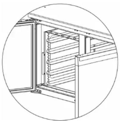 Technical line drawing of a mechanical assembly with spring-loaded components and a door opening (no text or symbols)