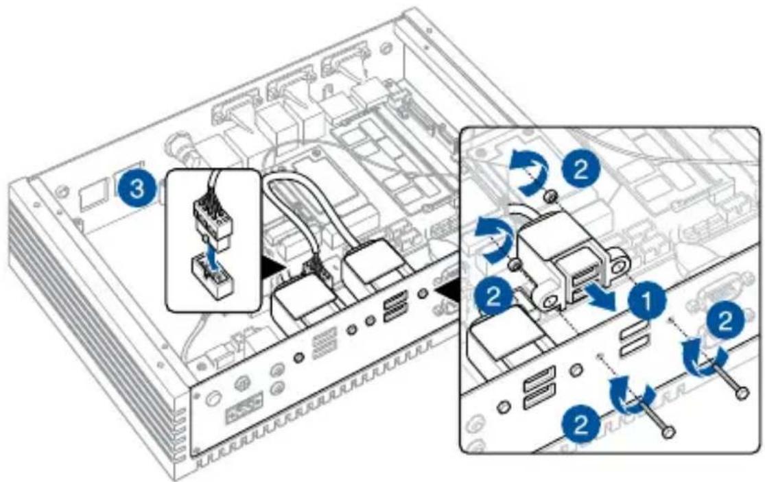 Diagram showing device rear panel with labeled ports and cable connections, highlighting a component in the first panel.