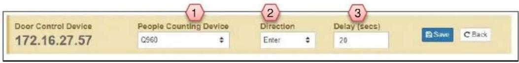 Door Control Device 172.16.27.57 People Counting Device Q960 Direction Enter Delay (secs) 20 3 Save C Back