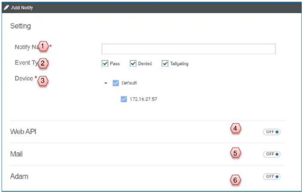 Add Notify Setting Notify Na* Event Ty* Device* Pass Denied Tailgating Default 172.16.27.57 Web API 4 OFF Mail 5 OFF Adam 6 OFF