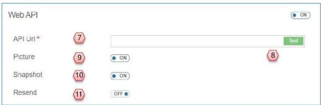 Web API API Url * 7 Picture 9 Snapshot 10 Resend 11 ON Test ON ON OFF