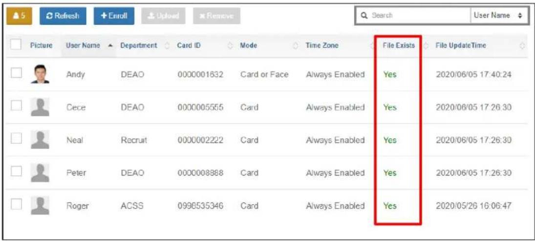 5 Refresh +Enroll Upload Remove Search User Name Picture User Name Department Card ID Mode Time Zone File Exists File UpdateTime Andy DEAO 0000001632 Card or Face Always Enabled Yes 2020/06/05 17:40:24 Cece DEAO 0000005555 Card Always Enabled Yes 2020/06/05 17:26:30 Neal Recruit 0000002222 Card Always Enabled Yes 2020/06/05 17:26:30 Peter DEAO 0000008888 Card Always Enabled Yes 2020/06/05 17:26:30 Roger ACSS 0996535346 Card Always Enabled Yes 2020/05/26 16:06:47