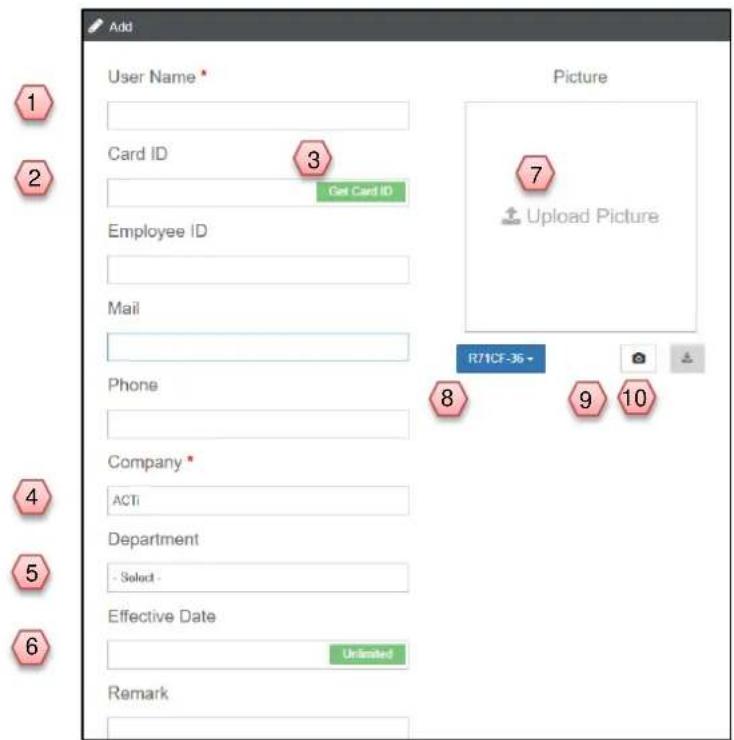 Add User Name * Card ID Get Card ID Employee ID Mail Phone Company * ACTi Department - Select - Effective Date Unlimited Remark Picture 7 Upload Picture R71CF-36 - 8 9 10 1 2 3 4 5 6
