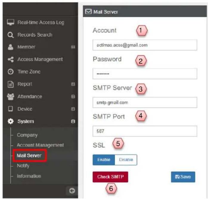 Real-time Access Log Records Search Member Access Management Time Zone Report Attendance Device System Company Account Management Mail Server Notify Information Mail Server Account actimas.acsc@gmail.com Password ****** SMTP Server smtp gmail.com SMTP Port 587 SSL Enable Disable Check SMTP Save