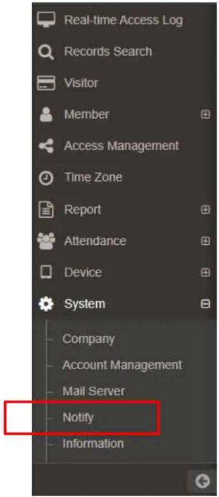 Real-time Access Log Records Search Visitor Member Access Management Time Zone Report Attendance Device System Company Account Management Mail Server Notify Information