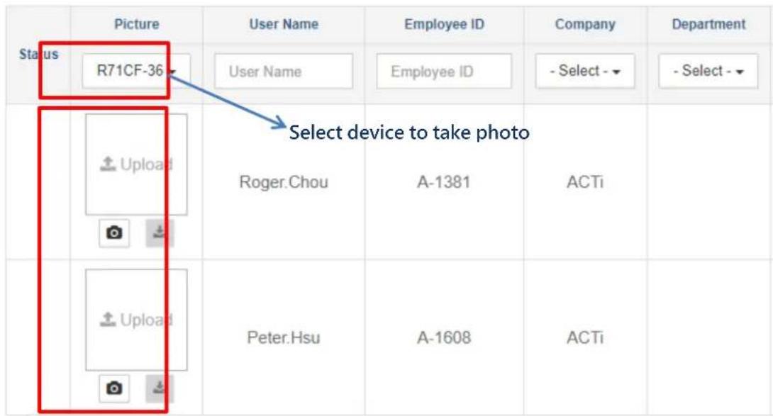 Picture User Name Employee ID Company Department Status R71CF-36 User Name Employee ID - Select -▼ - Select -▼ Select device to take photo Upload Roger.Chou A-1381 ACTi Upload Peter.Hsu A-1608 ACTi