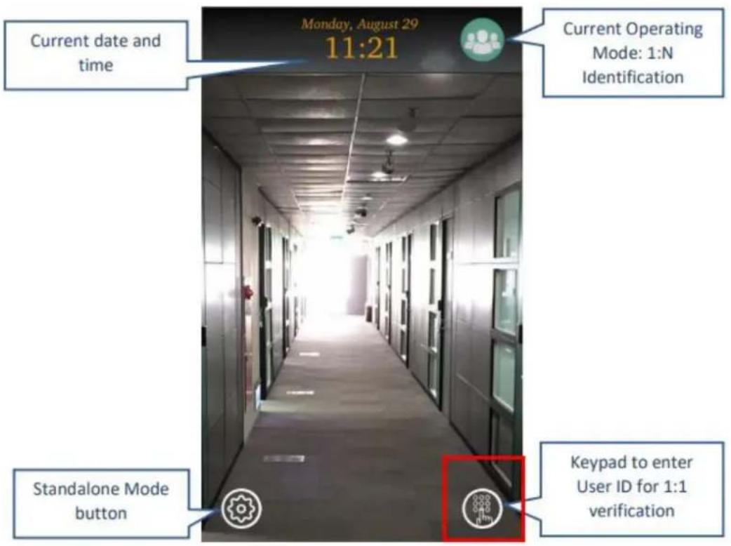 Monday, August 29 11:21 Current date and time Current Operating Mode: 1:N Identification Standalone Mode button Keypad to enter User ID for 1:1 verification