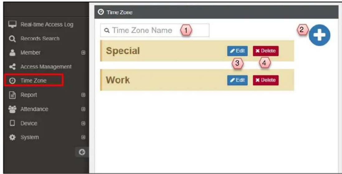 Real-time Access Log Records Search Member Access Management Time Zone Report Attendance Device System Time Zone Name Special Edit Delete 3 4 Work Edit Delete