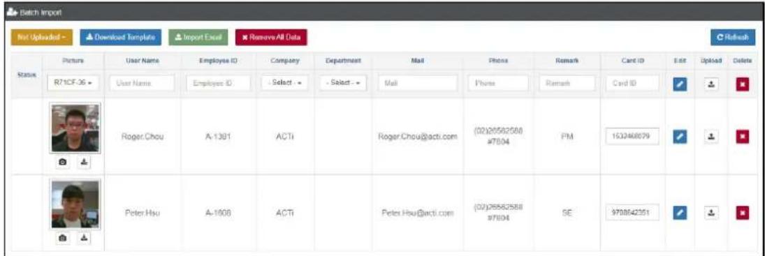 Batch Import Not Uploaded - Download Template Import Excel Remove All Data C Refresh Status Picture User Name Employee ID Company Department Mail Phone Remark Card ID Edit Upload Delete R71CF-36 User Name Employee ID Select Select Mall Phone Remark Card ID ✓ ↓ ↓ Roger Chou A-1381 ACTI Roger Chou@acti.com (02)25562588 #7804 PM 1532468079 ✓ ↓ ↓ Peter Hsu A-1908 ACTI Peter Hsu@acti.com (02)25562588 #7804 SE 9708642351 ✓ ↓ ↓