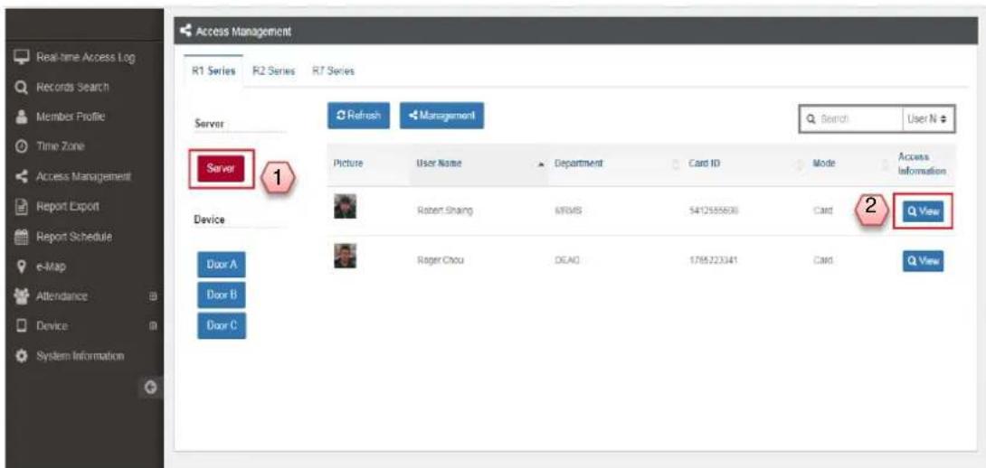 Access Management R1 Series R2 Series R7 Series Server Refresh Management Search User N # Server 1 Picture User Name Department Card ID Mode Access Information Robert.Shang MRMS 5412555600 Card 2 View Door A Door B Door C Roger Chou DEAO 178522341 Card View