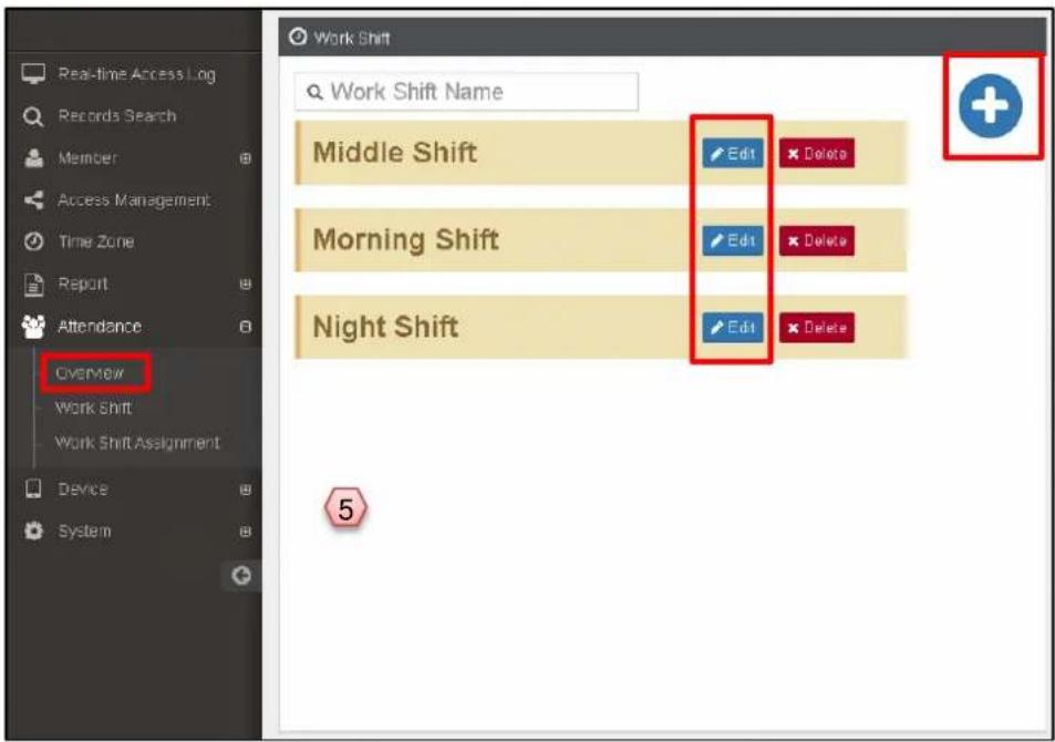 Real-time Access Log Records Search Member Access Management Time Zone Report Attendance Overmove Work Shift Work Shift Assignment Device System Work Shift Name Middle Shift Edit Delete Morning Shift Edit Delete Night Shift Edit Delete
