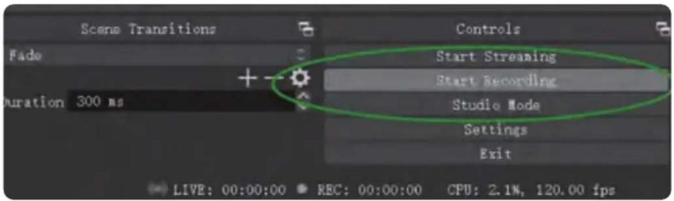 Scene Transitions Fade Duration 300 ms Start Streaming Start Recording Studio Mode Settings Exit LIVE: 00:00:00 REC: 00:00:00 CPU: 2.1%, 120.00 fps Controls