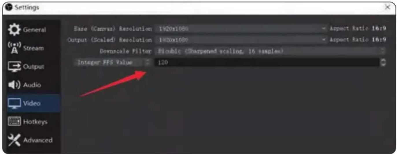 Settings General Stream Output Audio Video Hotkeys Advanced Base (Canvas) Resolution 1920x1080 Aspect Ratio 16:9 Output (Scaled) Resolution 1920x1080 Aspect Ratio 16:9 Downscale Filter Bicubic (Charpened scaling, 16 texplex) Integer FPS Value 120