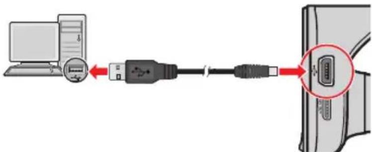Diagram showing connection between computer and device via USB cable, with a magnified view of the device's internal structure.