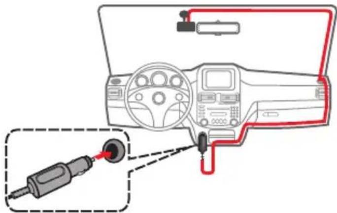 Diagram showing car dashboard connected to a plug, with red wiring and a close-up of the plug's cable connection.