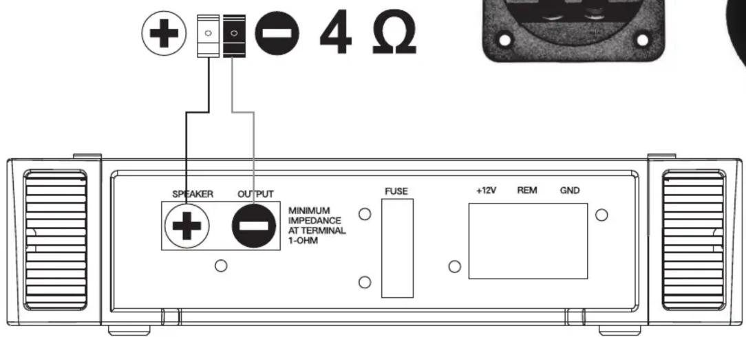 SPEAKER OUTPUT MINIMUM IMPEDANCE AT TERMINAL 1-OHM FUSE +12V REM GND