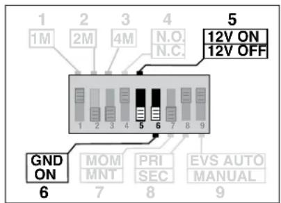 1 1M 2 2M 3 4M N.O. N.C. 5 12V ON 12V OFF GND ON 6 MOM MNT 7 PRI SEC 8 EVS AUTO MANUAL 9