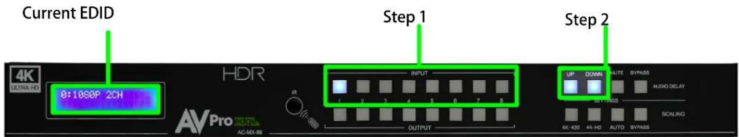 Current EDID 0:1080P 2CH Step 1 Step 2 HDR AV Pro edge AC-MX-BB INPUT OUTPUT UP DOWN SUTE BYPASS AUDIO DELAY 4K-420 4K-HD AUTO BYPASS SCALING