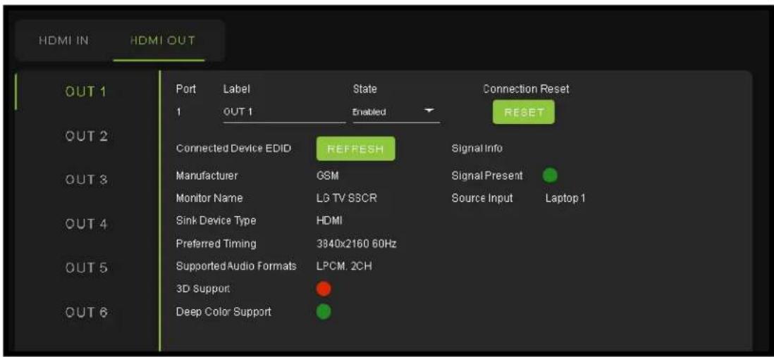 HDMI IN HDMI OUT OUT 1 Port Label State Connection Reset 1 OUT 1 Enabled RESET Connected Device EDID REFRESH Signal Info Manufacturer GSM Signal Present Monitor Name LG TV SSCR Source Input Laptop 1 Sink Device Type HDMI Preferred Timing 3840x2160 60Hz Supported Audio Formats LPCM. 2CH 3D Support Deep Color Support