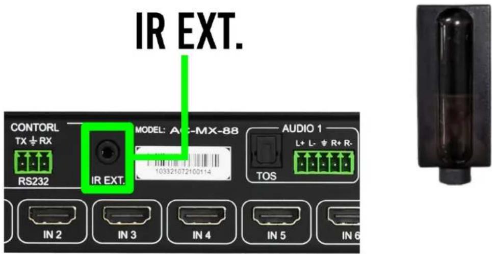 IR EXT. CONTORL TX ÷ RX RS232 MODEL: AC-MX-88 103321072100114 AUDIO 1 L+ L- + R+ R- TOS IN 2 IN 3 IN 4 IN 5 IN 6
