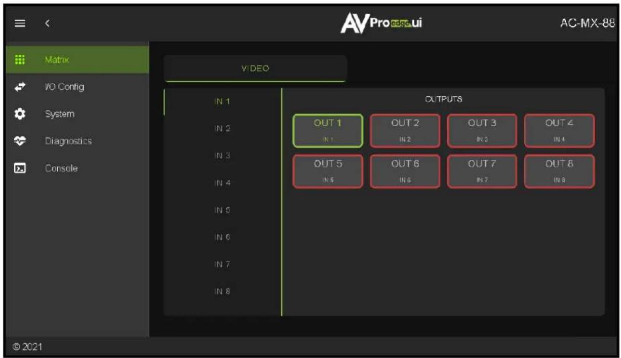 Matrix V I DEO I/O Config System Diagnostics Console IN 1 IN 2 IN 3 IN 4 IN 5 IN 6 IN 7 IN 8 OUTPUTS OUT 1 IN 1 OUT 2 IN 2 OUT 3 IN 3 OUT 4 IN 4 OUT 5 IN 5 OUT 6 IN 6 OUT 7 IN 7 OUT 8 IN 8 © 2021 AV Pro edge ui AC-MX-88