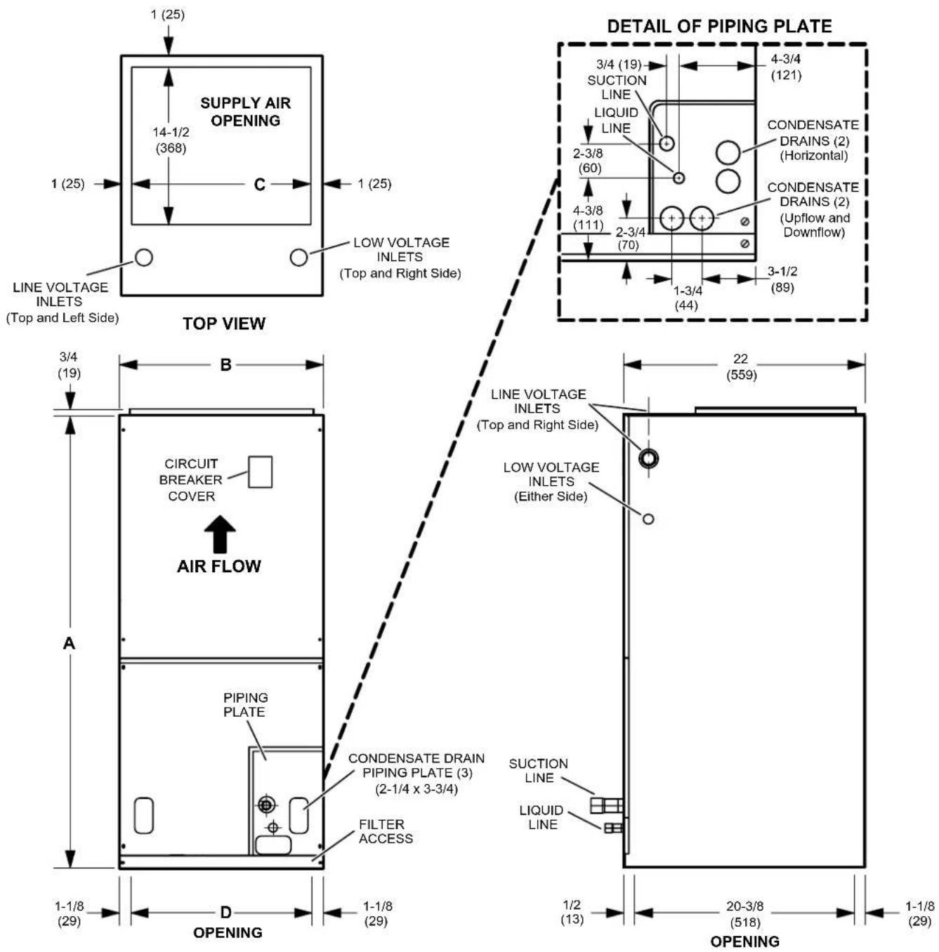 1 (25) 14-1/2 (368) C 1 (25) LINE VOLTAGE INLETS (Top and Left Side) TOP VIEW DETAIL OF PIPING PLATE 3/4 (19) SUCTION LINE LIQUID LINE 2-3/8 (60) 4-3/8 (111) 2-3/4 (70) 3-1/2 (89) 1-3/4 (44) 22 (559) CIRCUIT BREAKER COVER AIR FLOW LINE VOLTAGE INLETS (Top and Right Side) LOW VOLTAGE INLETS (Either Side) PIPING PLATE CONDENSATE DRAIN PIPING PLATE (3) (2-1/4 x 3-3/4) FILTER ACCESS SUCTION LINE LIQUID LINE 1-1/8 (29) D 1-1/8 (29) OPENING OPENING 1/2 (13) 20-3/8 (518) 1-1/8 (29)