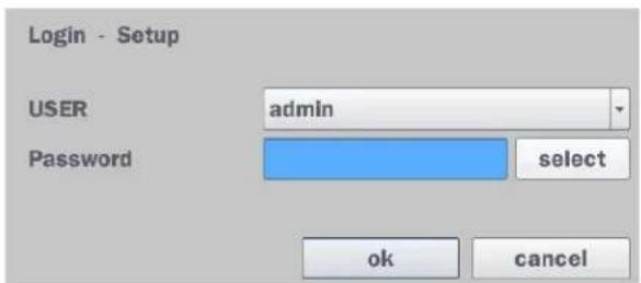 Login - Setup USER admin Password select ok cancel
