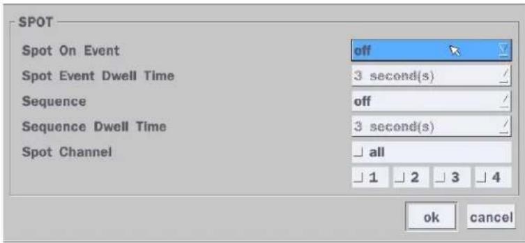 SPOT Spot On Event Spot Event Dwell Time Sequence Sequence Dwell Time Spot Channel off 3 second(s) off 3 second(s) all 1 2 3 4 ok cancel