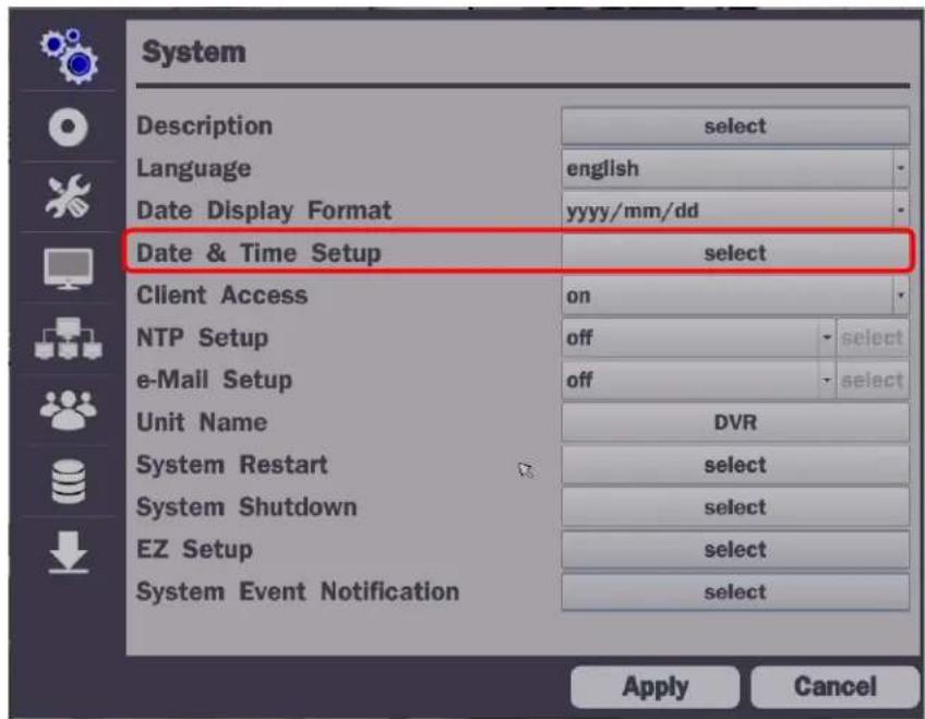 System Description select Language english Date Display Format yyyy/mm/dd Date & Time Setup select Client Access on NTP Setup off select e-Mail Setup off select Unit Name DVR System Restart select System Shutdown select EZ Setup select System Event Notification select Apply Cancel